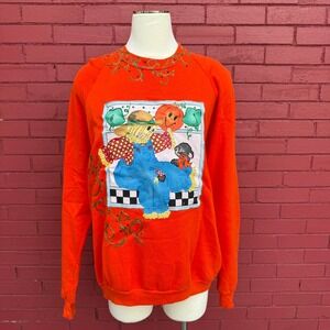 Vtg‎ Jerzees XL Fall Harvest Orange Puff Paint Scarecrow Pumpkin Sweatshirt